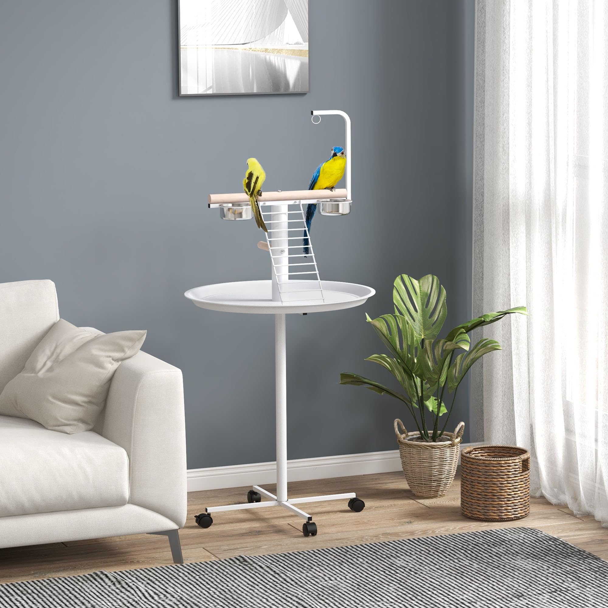 PawHut Bird Stand, Parrot Stand with Wheels, Perches, Stainless Steel Feed Bowls, Round Tray, Bird Play Stand for Indoor Outdoor